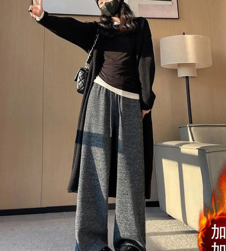 Autumn Winter New Brown Velvet High Waisted Loose Knitted Wide Leg Trousers For Women Grey Drawstring Lace-up Straight Long Pant