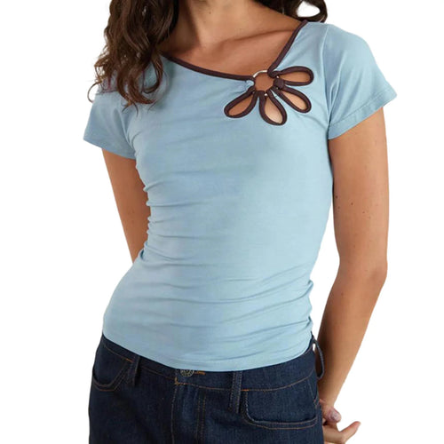 Load image into Gallery viewer, y2k Aesthetic Tops Women Summer Vest Hollowed Flower Slanted Collar Short Sleeve T Shirts 2000s Clothing Streetwear
