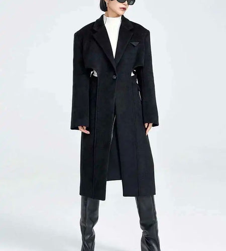 Black Hollow Out Long Elegant Big Size Woolen Coat Parkas New Long Sleeve Women Fashion Tide Autumn Winter 2025 1DF335701