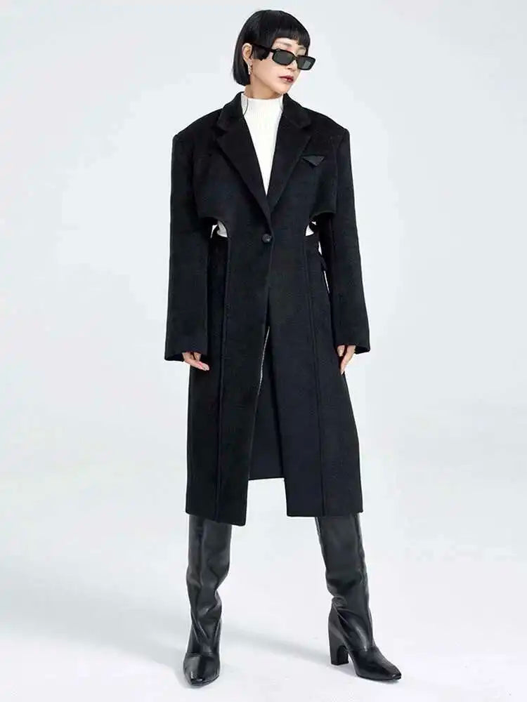 Black Hollow Out Long Elegant Big Size Woolen Coat Parkas New Long Sleeve Women Fashion Tide Autumn Winter 2025 1DF335701