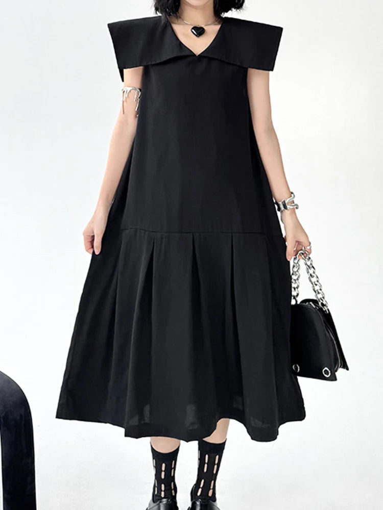 Women Black Brief Pleated Elegant Midi A-line Dress New Sailor Collar Sleeveless Fashion Tide Spring Summer 2025 1DJ1163