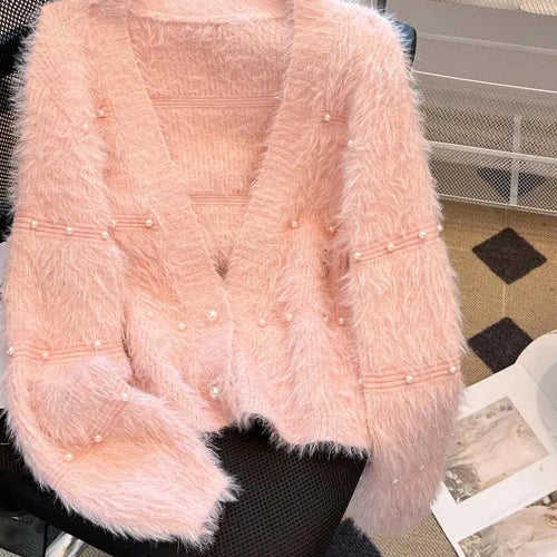 Load image into Gallery viewer, Autumn Winter Vintage Fashion 2024 New Solid Elegant Pearl Button Imitation Mink Short Sweater Women V Neck Cardigan Knit Tops
