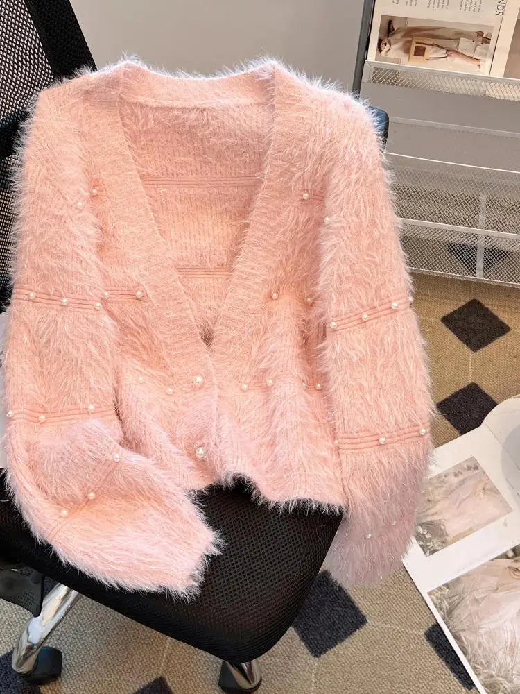 Autumn Winter Vintage Fashion 2024 New Solid Elegant Pearl Button Imitation Mink Short Sweater Women V Neck Cardigan Knit Tops