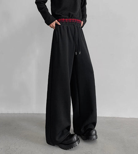 Niche Design Men's Sweatpants Plaid Patchwork Drawstring Contrast Color Straight Leg Elastic Waist Male Trousers 9W1223