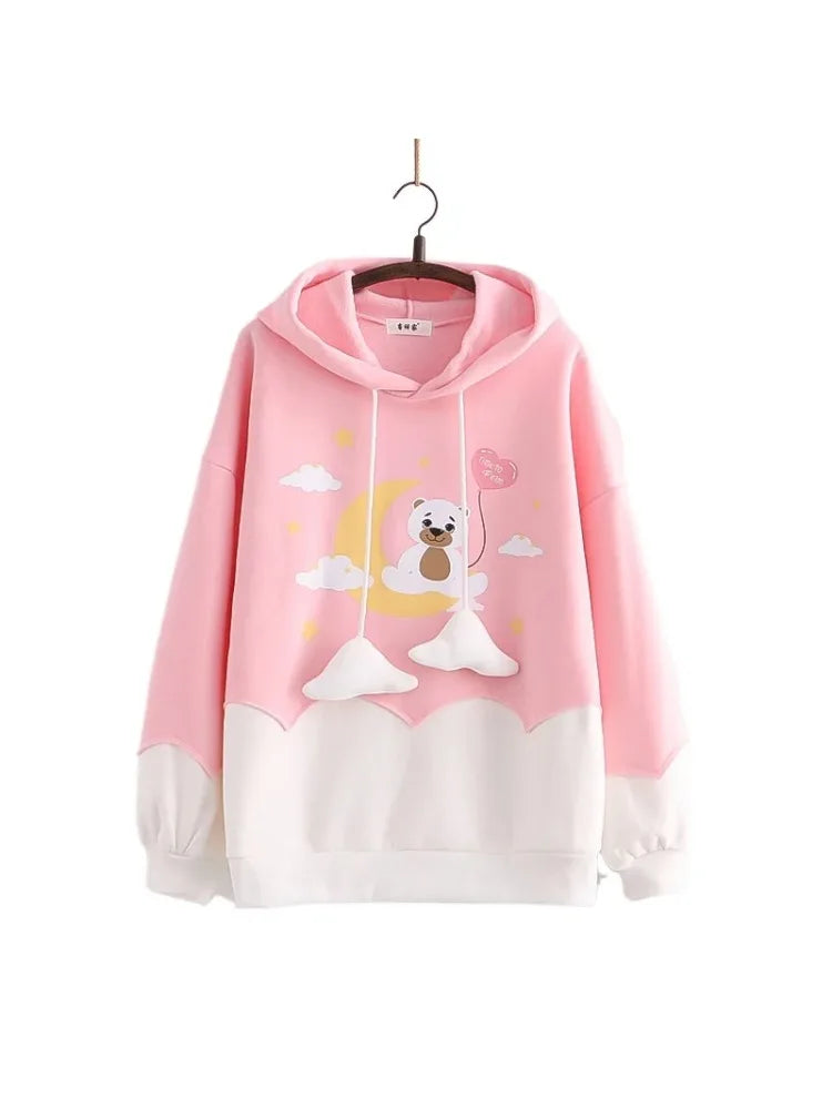 Kawaii Women Hoodies Harajuku Bear Print Cute Drawstring Hooded Sweatshirts Winter Long Sleeve Female Sweet Pullover Tops