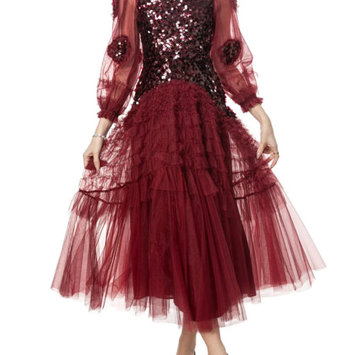 Load image into Gallery viewer, Solid Spliced Sequines Slimming Dresses For Women O Neck Long Sleeve High Waist Temperament Dress Female Fashion
