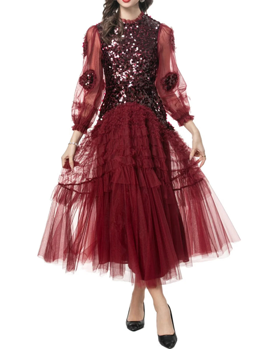 Solid Spliced Sequines Slimming Dresses For Women O Neck Long Sleeve High Waist Temperament Dress Female Fashion