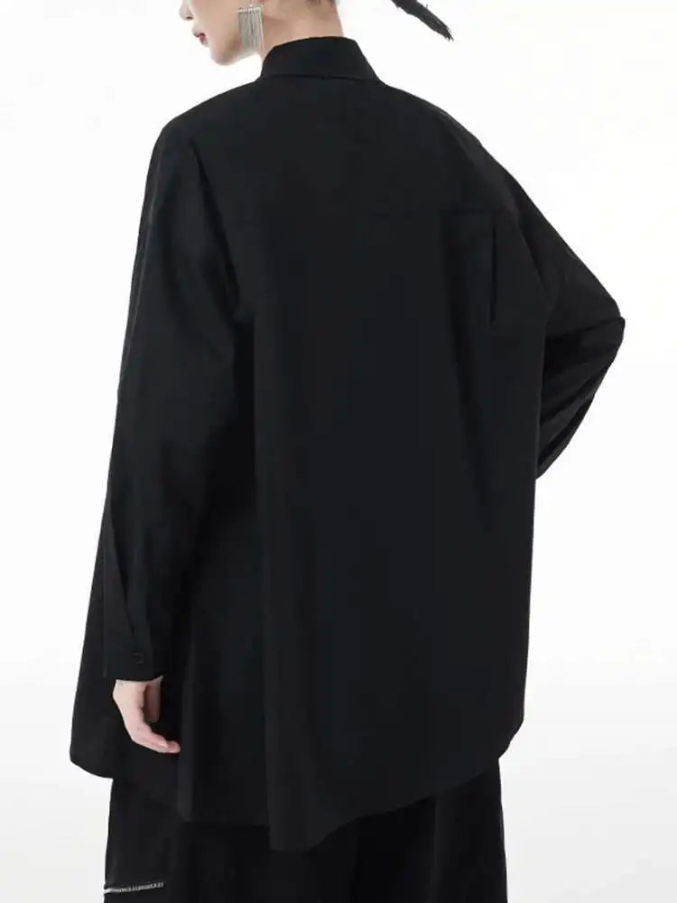 Women Black Big Size Asymmetric Blouse New Lapel Long Sleeve Loose Fit Shirt Fashion Tide Spring Autumn 2025 1DH3448