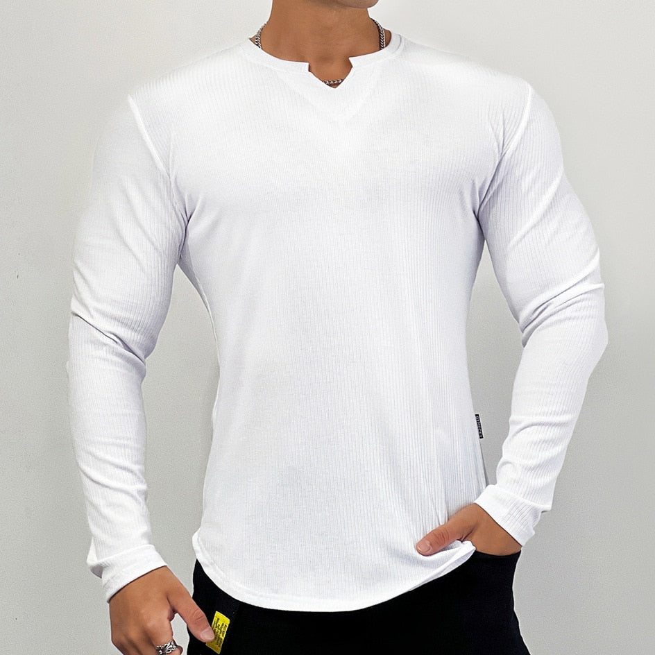 Stripe Gym Fitness T-shirt Men Casual Long Sleeve Skinny Shirt Male Bodybuilding Tee Tops Spring Running Sport Training Clothing
