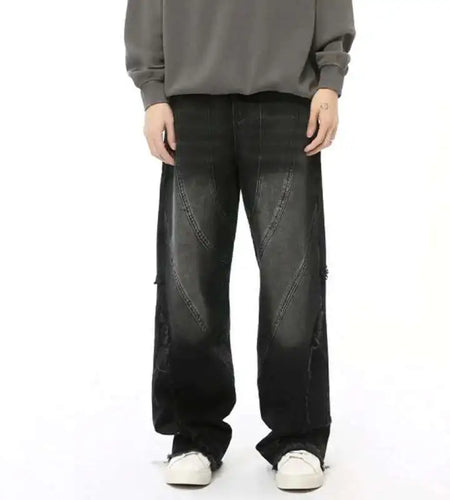 Simple Men's Denim Pants Raw Edge Tassel Design Solid Color Straight Casual Bottom Wide Leg Loose Male Jeans Stylish 9C8080