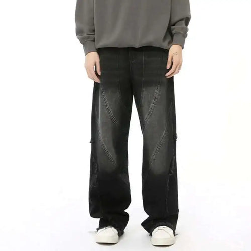 Load image into Gallery viewer, Simple Men's Denim Pants Raw Edge Tassel Design Solid Color Straight Casual Bottom Wide Leg Loose Male Jeans Stylish 9C8080
