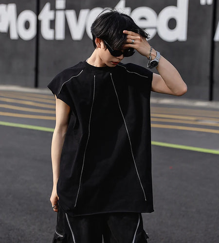 Men's Vest Niche Zipper Design Sports T-shirt Summer Split Shoulder Sleeveless Round Neck Loose Male Tank Top 9C5893