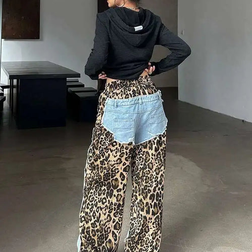 Load image into Gallery viewer, High Waist Leopard Print Denim Color-block Long Wide Leg Jeans New Women Trousers Fashion Tide Spring Autumn 2025 1DH8739
