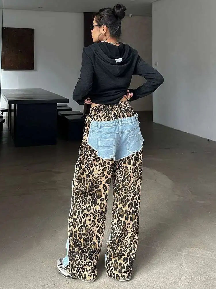 High Waist Leopard Print Denim Color-block Long Wide Leg Jeans New Women Trousers Fashion Tide Spring Autumn 2025 1DH8739