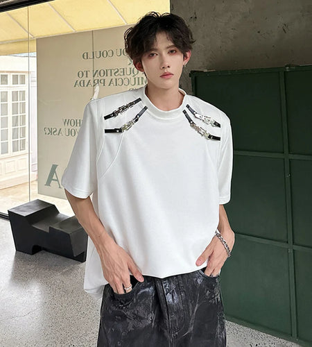 Korean Style Men's Short Sleeve T-shirts Metal Buckle Splicing Structure Trendy Round Neck Solid Color Male Tees 9W1911