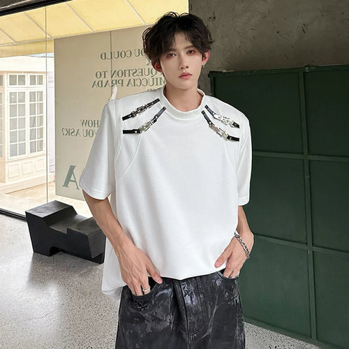 Load image into Gallery viewer, Korean Style Men&#39;s Short Sleeve T-shirts Metal Buckle Splicing Structure Trendy Round Neck Solid Color Male Tees 9W1911
