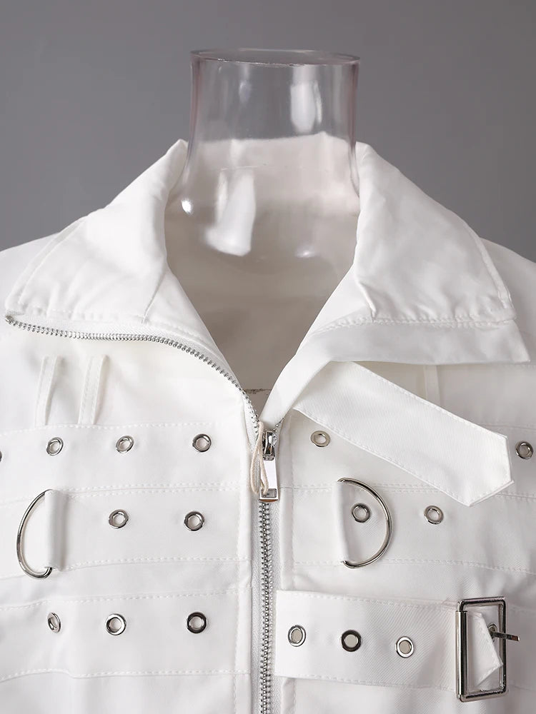 White Metal Circle Buckle Shaped Short Jacket New Lapel Long Sleeve Women Coat Fashion Tide Spring Autumn 2025 19ZZ1557