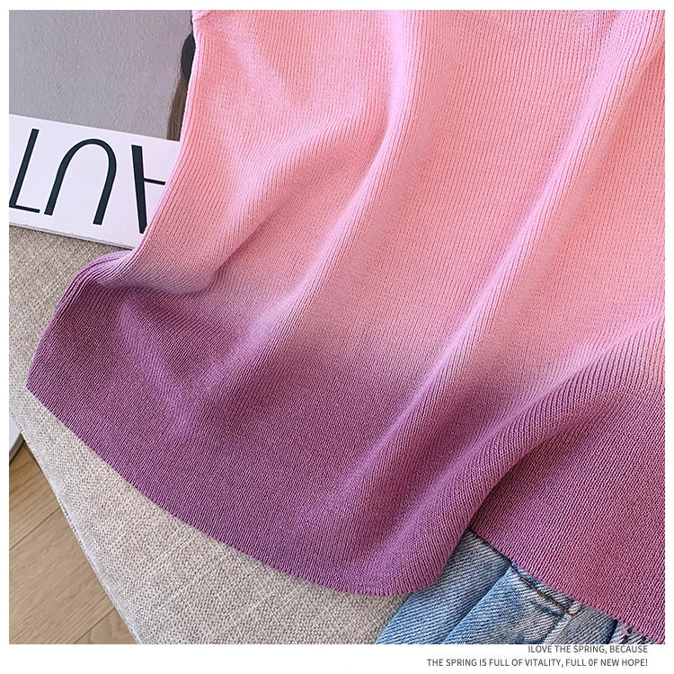 Korean Vintage Elegant Square-neck Gradient Knit Vest Summer Casual Sleeveless Short Tank Tops Women's Holiday Clothing Vestidos