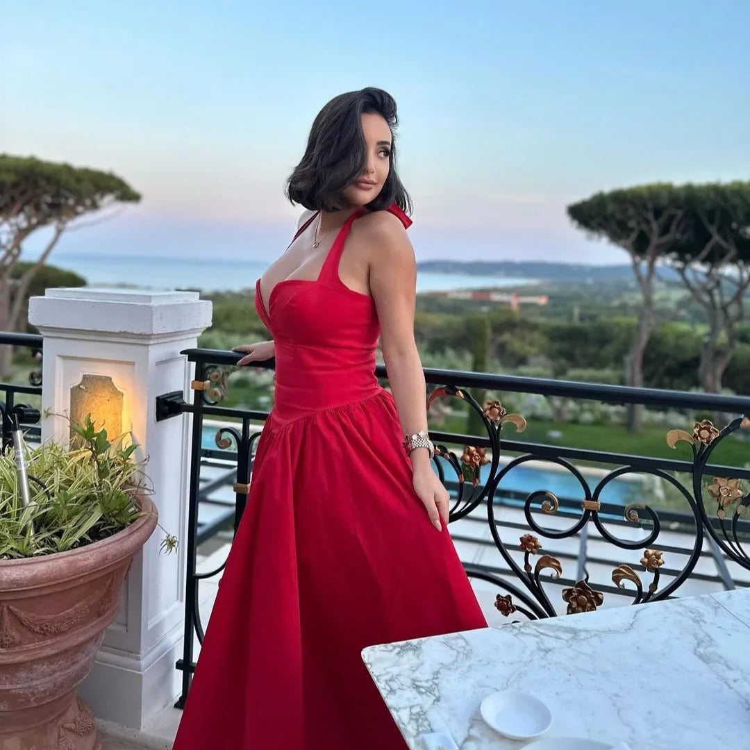 Summer Fit and Flare Halter Dress 2024 Red Elegant Bodycon Party Dresses Sexy Long Casual Dress Women's Clothing