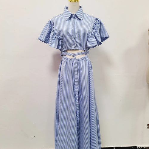 Load image into Gallery viewer, Hit Color Hollow Out Spliced Striped Fashion Dresses for Women Lapel Short Sleeves Patchwork Button Dress Female
