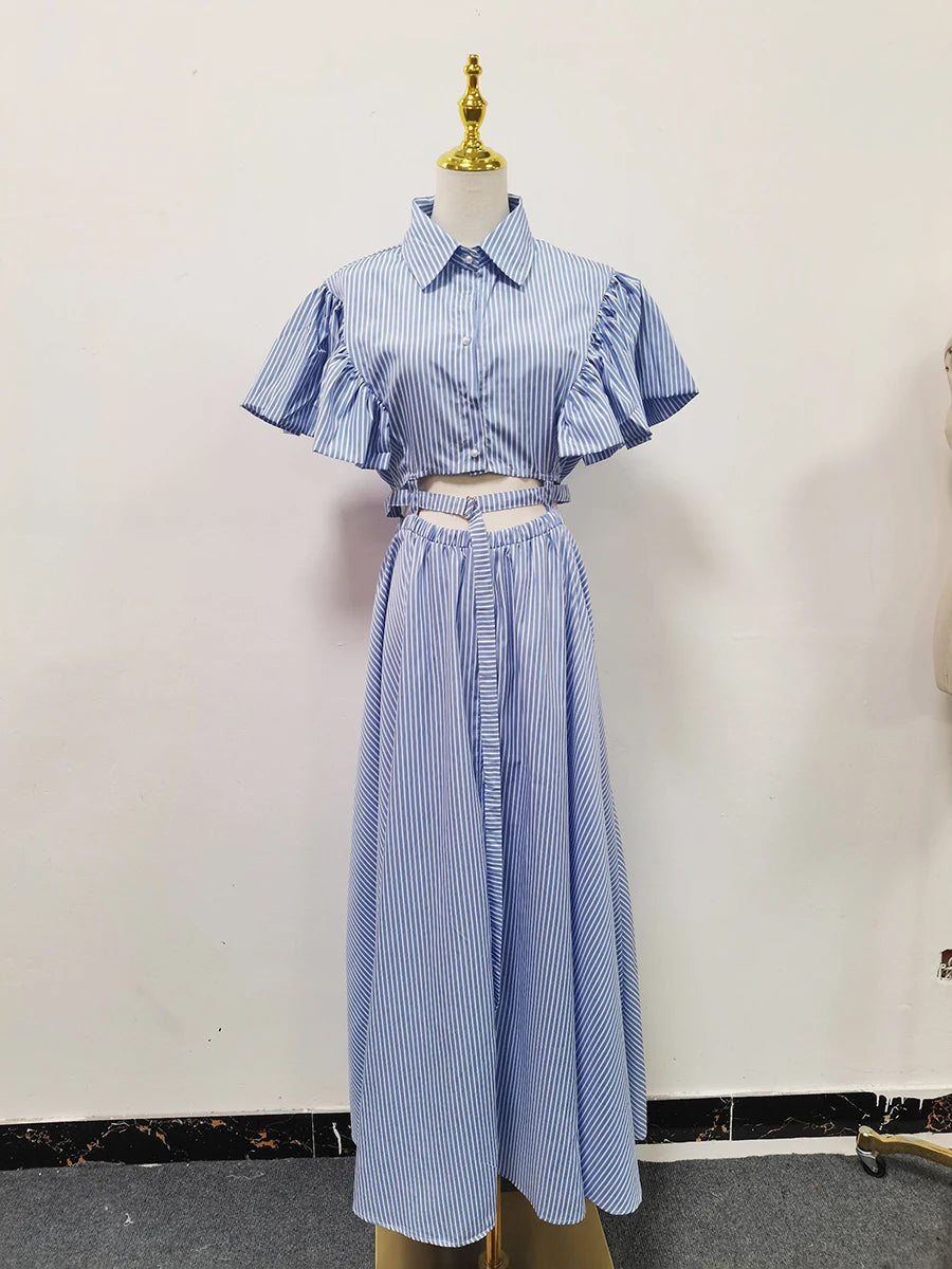 Hit Color Hollow Out Spliced Striped Fashion Dresses for Women Lapel Short Sleeves Patchwork Button Dress Female