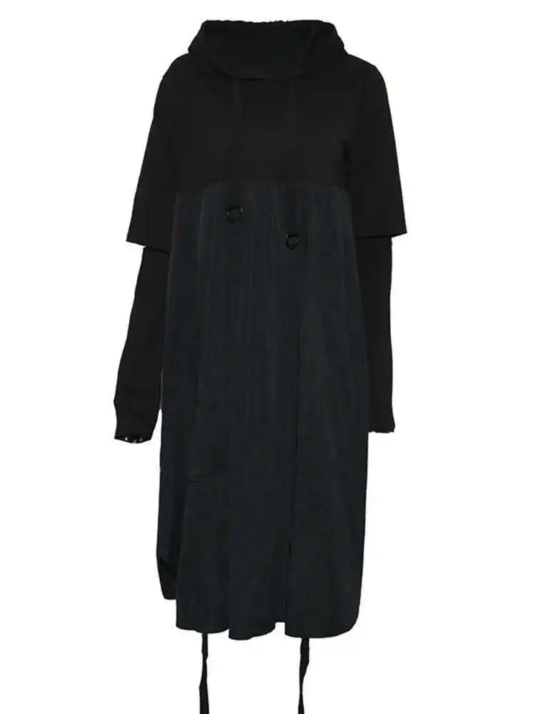 Women Black Drawstring Hollow Out Big Size Irregular Dress New Hooded Long Sleeve Fashion Tide Spring Autumn 2025 JD076