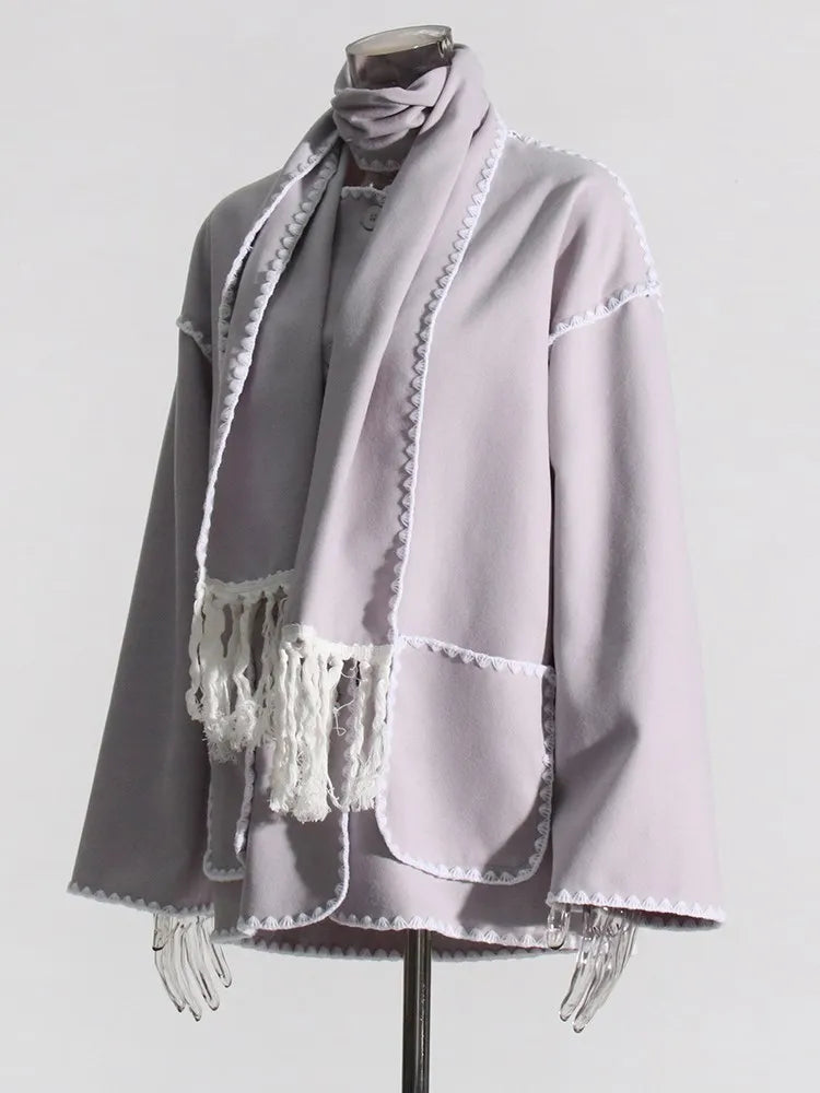 Spliced Pockets Casual Coats For Women Scarf Collar Long Sleeve Patchwork Tassel Loose Minimalist Winter Coat Female Style