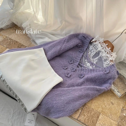 Load image into Gallery viewer, French Women Purple Long Sleeve Knitted Pullover V-neck Fashion Sweater Autumn Winter Grey Flower Decorate Tops 2025 Clothing
