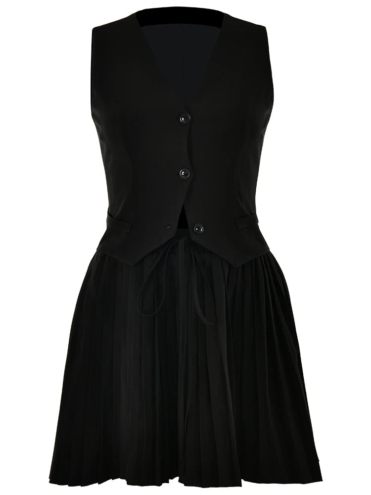 Fashion Suit Vest Pleated Short Skirt Two Piece Set Women's Slim Button Tight Set Female Summer New 2024 Street Clothing