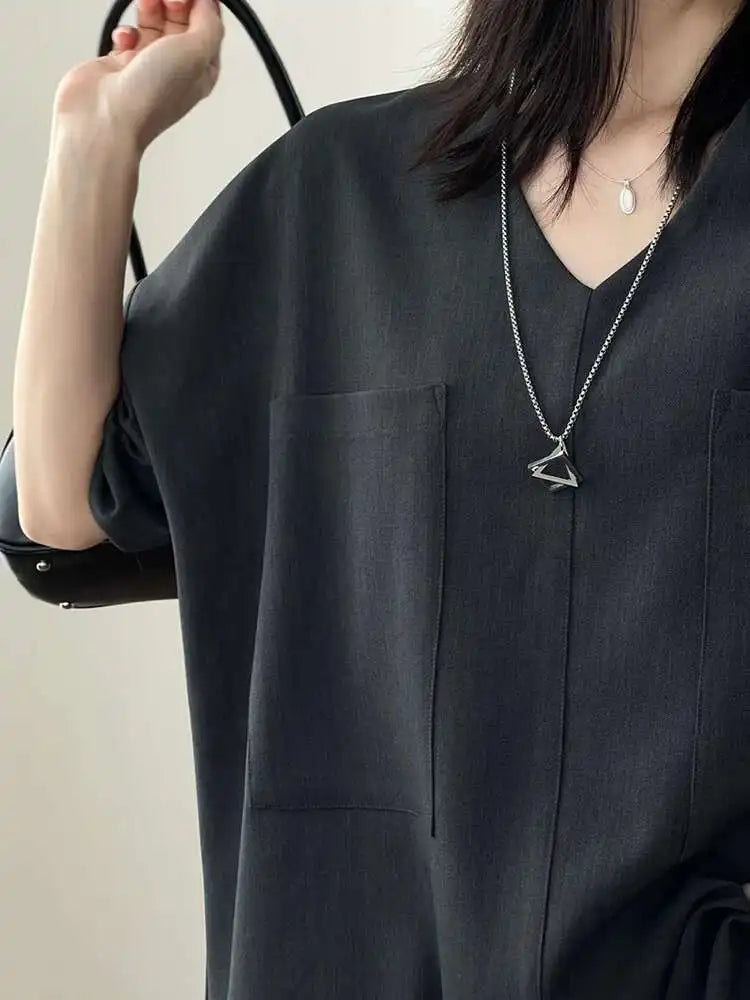 Women Gray Double Pocket Big Size Elegant Mini Dress New V--Neck Long Sleeve Fashion Tide Spring Autumn 2025 1DH7310