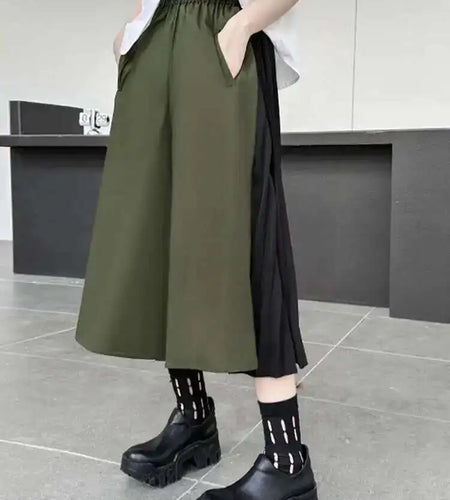 High Elastic Waist Army Green Color-block Pleated Wide Leg Pants New Trousers Women Fashion Spring Autumn 2025 1DH5281