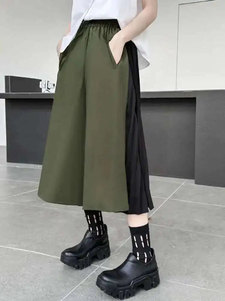 High Elastic Waist Army Green Color-block Pleated Wide Leg Pants New Trousers Women Fashion Spring Autumn 2025 1DH5281