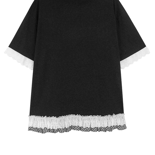 Load image into Gallery viewer, Women Black White Lace Color-block Big Size T-shirt New Round Neck Half Sleeve Fashion Tide Spring Summer 2025 1DH9816
