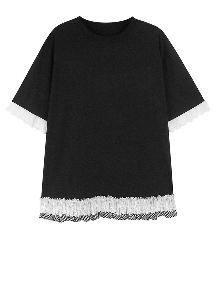Women Black White Lace Color-block Big Size T-shirt New Round Neck Half Sleeve Fashion Tide Spring Summer 2025 1DH9816