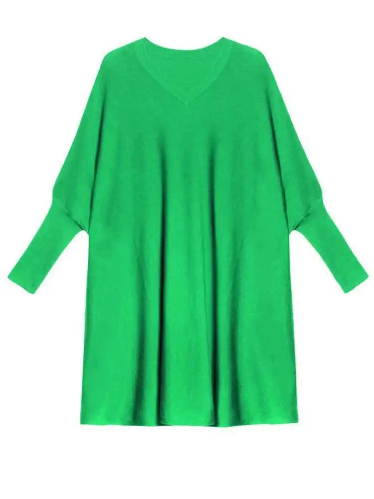 Women Blue Knitting Big Size Mini Dress New V-Neck Long Batwing Sleeve Loose Fit Fashion Tide Spring Autumn 2025 1DF9758