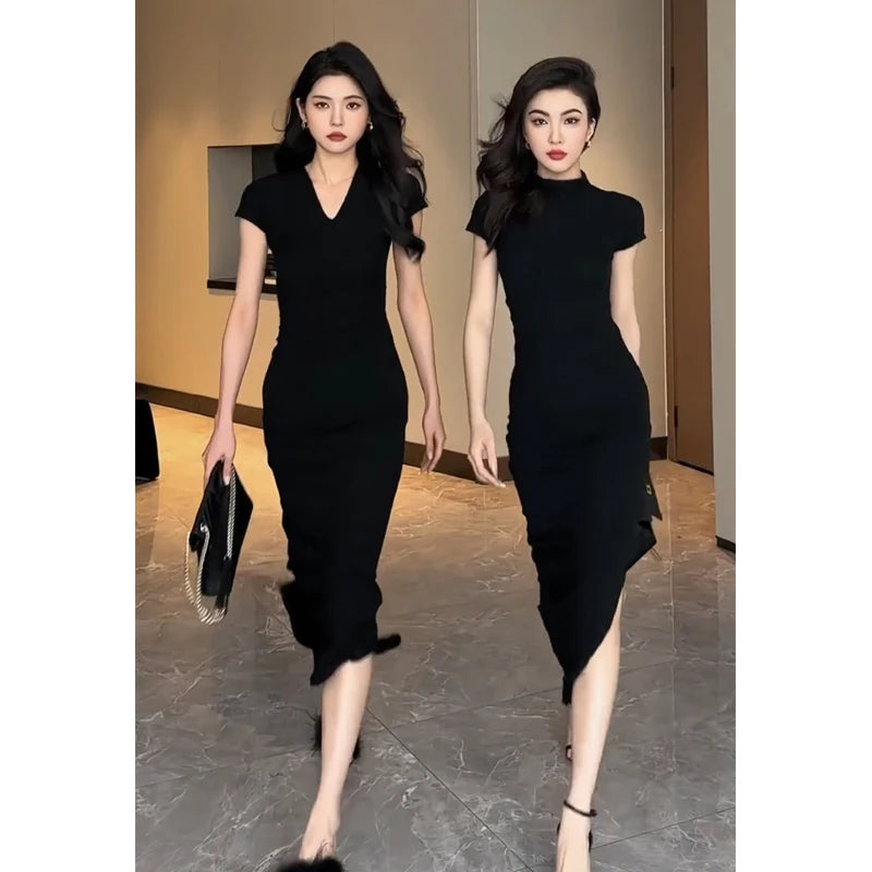 Women Fashion Sexy Midi Dress Summer Elegant V-neck Split Sleeveless Slim Dresses Streetwear High Waist Bodycon Vestidos Robes
