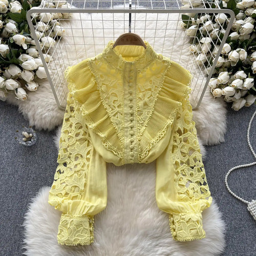 Load image into Gallery viewer, Women's Vintage Sweet Solid Long Sleeved Ruffle Edge Lace Shirt Y2k Korean Fashion Tide Autumn Winter 2023 Hollowed Out Tops New
