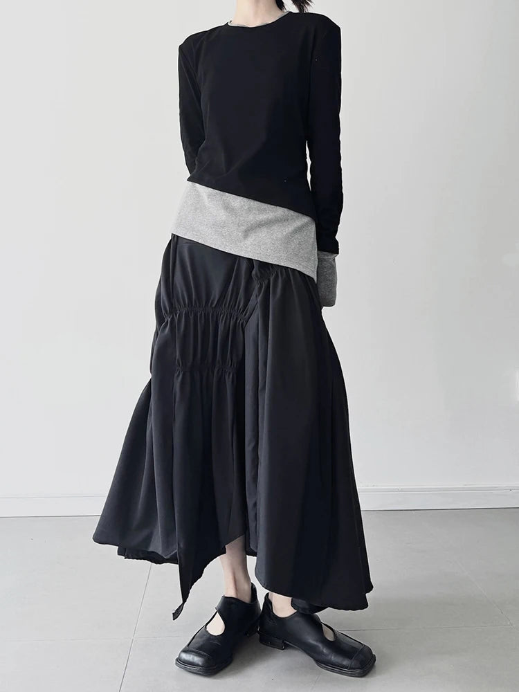High Elastic Waist Black Irregular Pleated Midi Elegant Half-body Skirt Women Fashion Tide New Spring Autumn 2025 1DJ0400