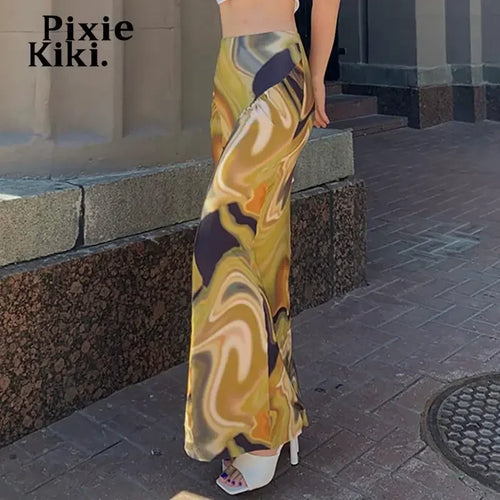 Load image into Gallery viewer, Abstract Yellow Printed High Waisted Long Skirts for Women Bottoms Vintage 2000s Aesthetic Clothes P85-BD18
