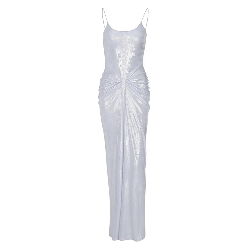 Sliver Spaghetti Strap Sexy Maxi Dress For Women Fashion Sparkle Sleeveless Backless Ruched Beach Club Sexy Long Dress