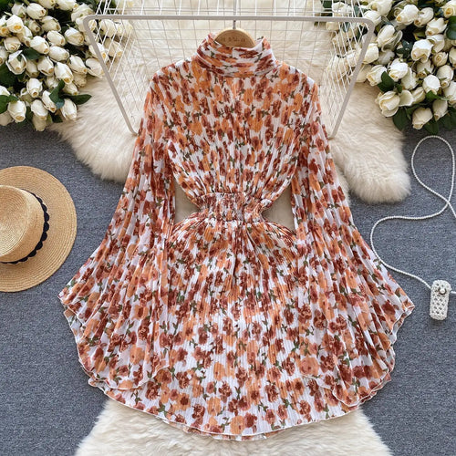 Load image into Gallery viewer, French Women Elegant Floral Print Half High Collar Slim Midi Dress 2023 Autumn Flared Long Sleeve Fashion Vacation Pleated Dress
