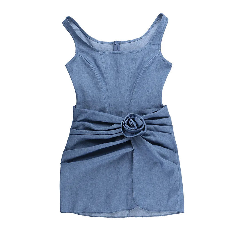 Flower Denim Mini Dress For Women Fashion Strapless Backless Ruched Dresses Femme Sleeveless Skinny Sexy Dress