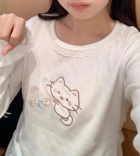 White Sweet Woman T Shirts Patchwork Lace O-neck Long Sleeve Tees Fashion Korean Camisetas Casual Cute Y2k Tshirt Ropa Mujer