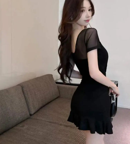 Vintage Summer Chinese Style Black Elegant Sexy Club Party Mini Dress Women Square Collar Short Sleeve Backless Slim Short Dress