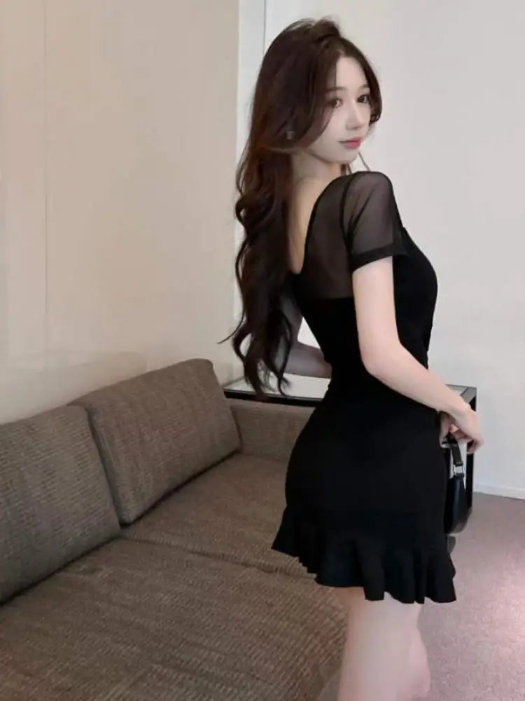 Vintage Summer Chinese Style Black Elegant Sexy Club Party Mini Dress Women Square Collar Short Sleeve Backless Slim Short Dress