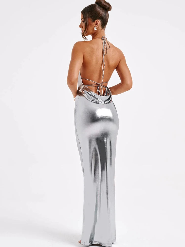 Sexy Sleeveless Metal Dress For Women Elegant Backless Evening Dress Maxi Bodycon Vestidos Fashion Party Clubwear 2024