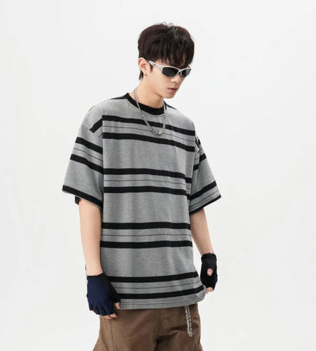 Men' Short Sleeve T-shirts New Summer American Fanshion Striped Round Neck Trendy Male Casual Pullover Top T-shirt 9W1668