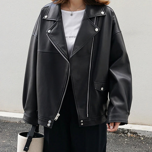 Load image into Gallery viewer, Black Belted Big Size Casual PU Leather Jacket New Lapel Long Sleeve Women Coat Fashion Tide Spring Autumn 2025 LA938
