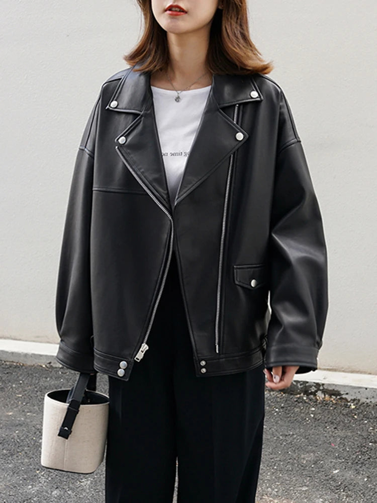 Black Belted Big Size Casual PU Leather Jacket New Lapel Long Sleeve Women Coat Fashion Tide Spring Autumn 2025 LA938