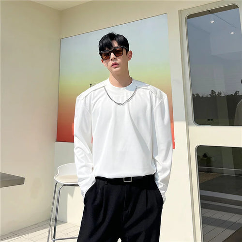 Load image into Gallery viewer, Men&#39;s T-Shirts Korean Fashion Casual Detachable Chain Male Pullovers Personalized Solid Color Spring Trendy 9A7737
